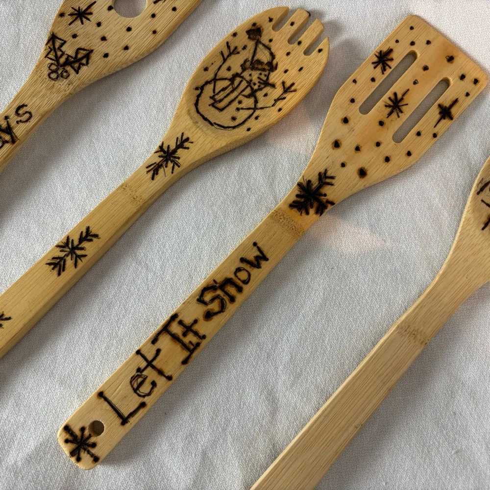 Handmade Wood-Burned Bamboo Spoon Set — (Set of 4) One of‎ a Kind Gift